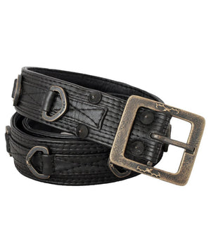 A black textured men's leather belt with a large, rectangular, antique bronze-toned buckle, coiled and presented on a solid white background.