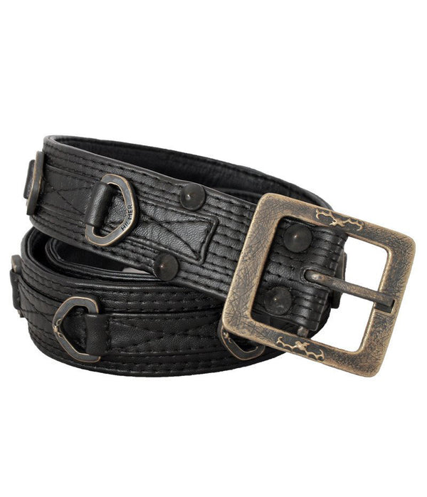 A black textured men's leather belt with a large, rectangular, antique bronze-toned buckle, coiled and presented on a solid white background.
