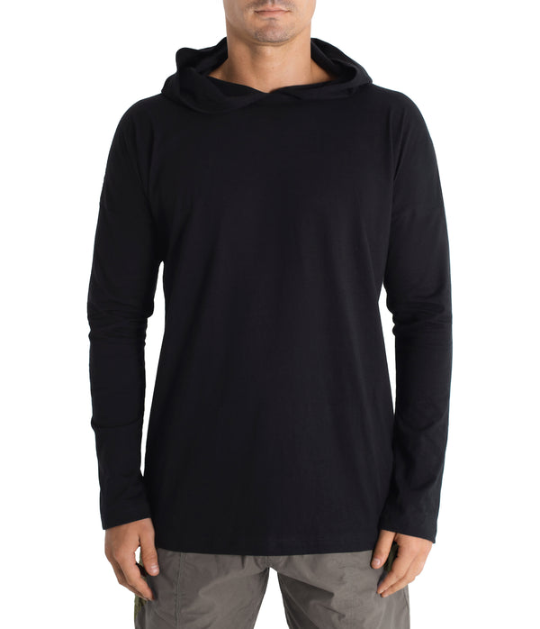 Black long-sleeve hoodie worn by a person on a white background