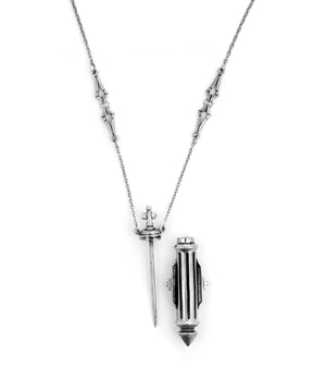 Silver necklace with a unique pendant on a white background