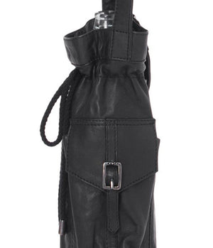 Black leather bottle bag with a buckle on a white background