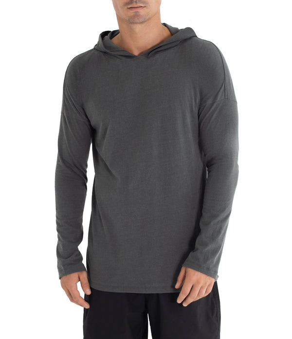 Long sleeve hoody shirt crafted from light weight certified organic cotton.  Men Hoody.  The  Shibori version is hand dyed with plants. 