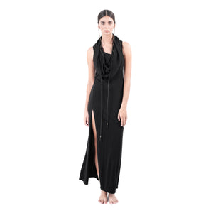 Comfortable and stylish this long hooded dress is  made of ultra soft bamboo & GOTS certified organic cotton 100% leather strings Ultra High Slit Approx 64" from armpit to ground Designed by Jan Hilmer Made in Small Batches