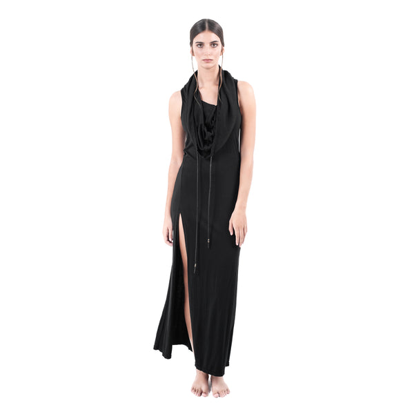 Comfortable and stylish long hooded dress with leather strings and ultra high slit . Made of ultra soft bamboo & GOTS certified organic cotton.