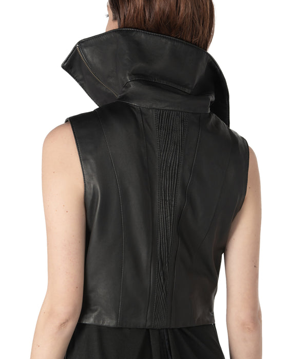 sculptural lambskin sleeveless vest with high flared collar,