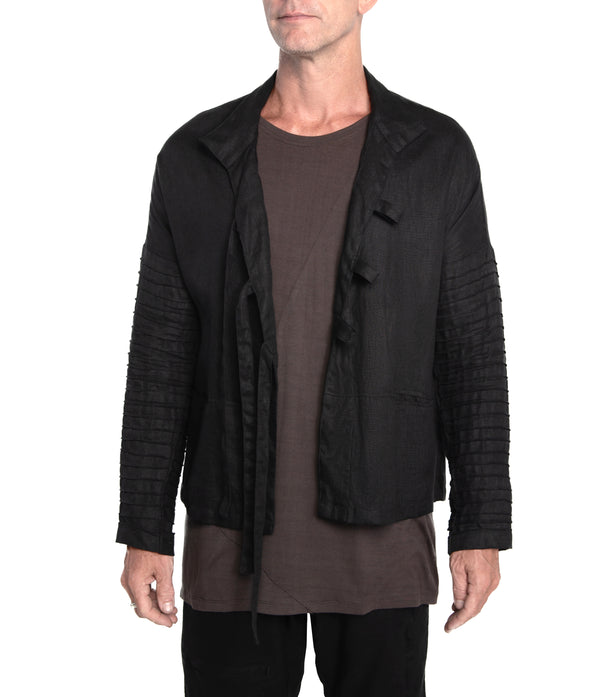  Men's kimono style jacket crafted from 100% linen, featuring ribbed detail down the sleeves, 3 front-tie fastening and 2 front pockets.  100% linen
