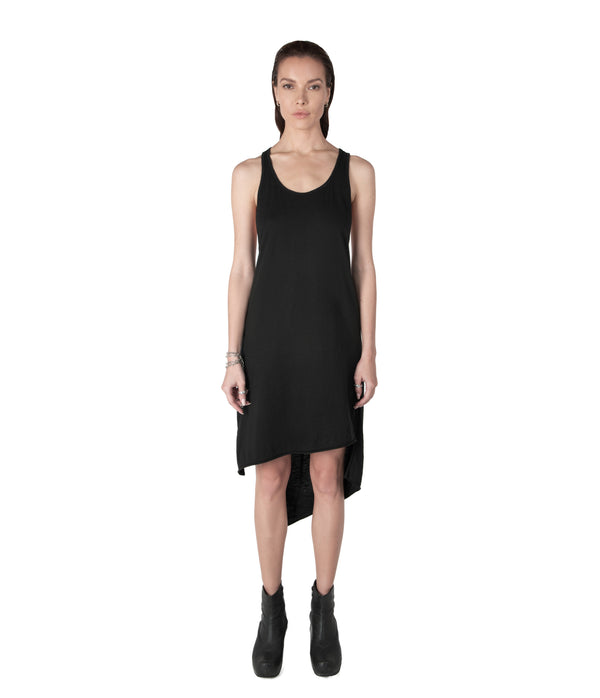 Easy to wear, relax fit, asymmetrical tank dress made of very soft eco-bamboo and cotton jersey blend. Raw hem finish, linen string tied back. Black summer dress.