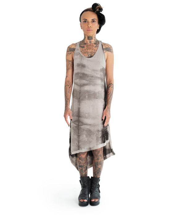 Easy to wear, relax fit, asymmetrical tank dress made of very soft eco-bamboo and cotton jersey blend. Raw hem finish, linen string tied back. Hand dyed with plants.