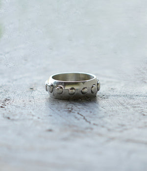 Handmade silver ring band with circle detail. Can be worn by a man or a woman, unisex and minimalist.