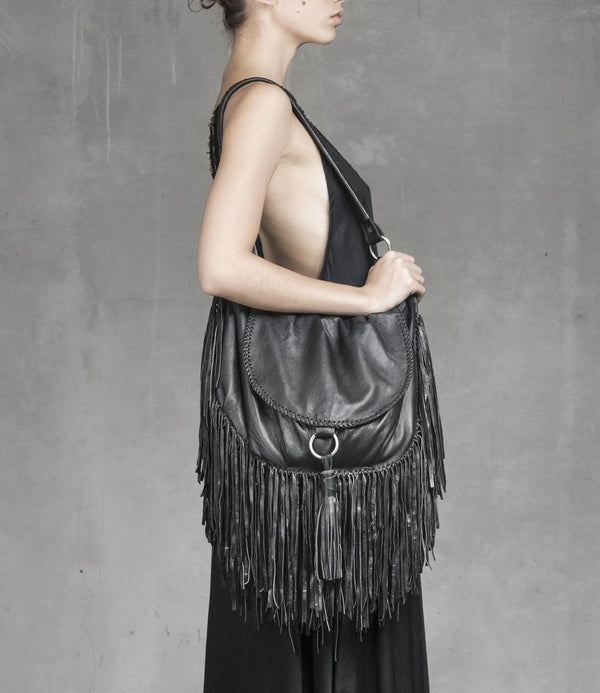 Bogota – Black and White Cowhide Flap Bag with Tooling and Fringes -  Cowhide Bags Australia